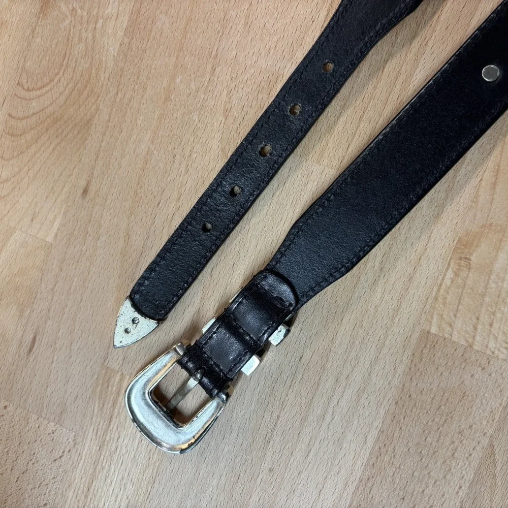 Vintage Black Leather Belt Western Concho Medallion Silver Buckle Tip 46